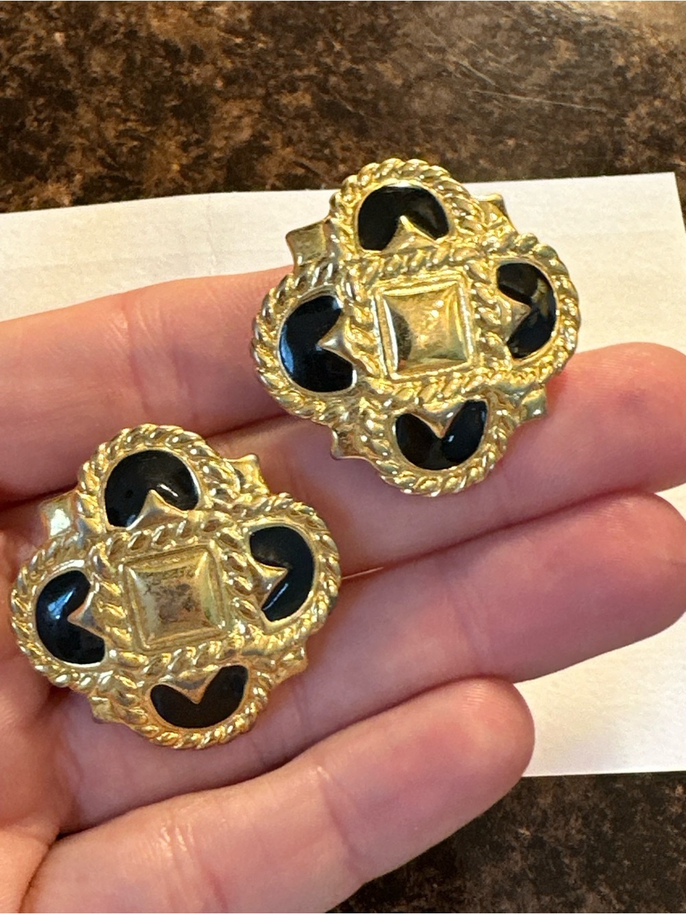 Vintage Gold Tone & Black Enamel Clip-On Earrings Statement Costume Jewelry